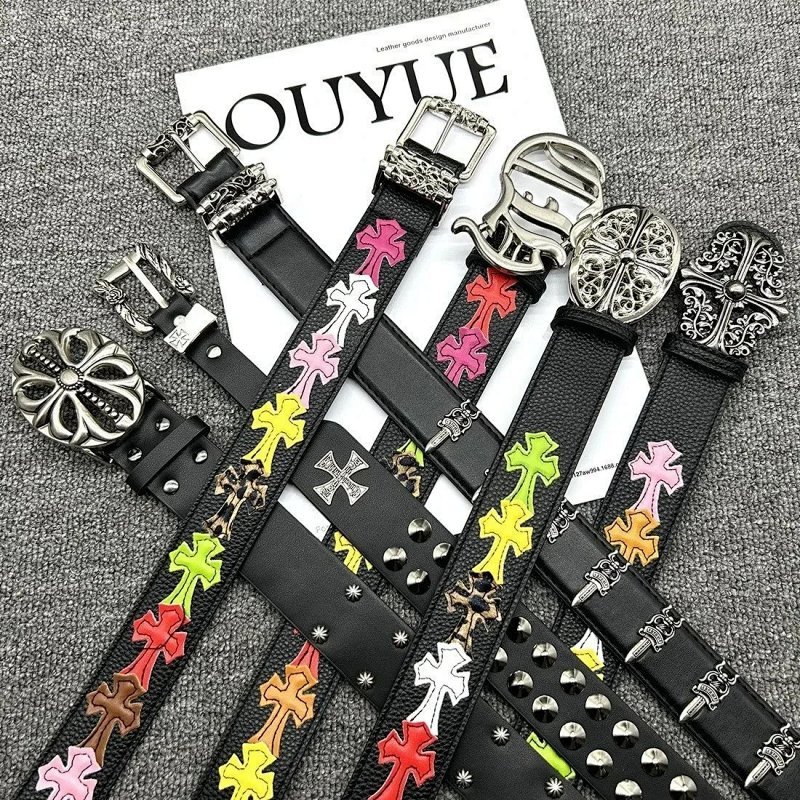 Kakobuy spreadsheet Chrome Hearts accessories - Chrome Hearts Black Leather Belt with Multicolor Cross Patches and Silver-Tone Gothic Accents product image