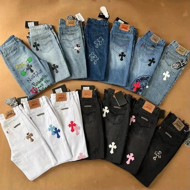 Kakobuy spreadsheet Chrome Hearts pants - Chrome Hearts Washed Denim Multi-Color Cross Patch Jeans product image