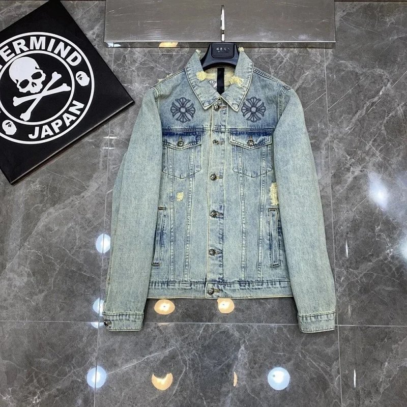 Kakobuy spreadsheet Chrome Hearts shoes - Chrome Hearts Embroidered Horseshoe Distressed Light Wash Denim Jacket product image