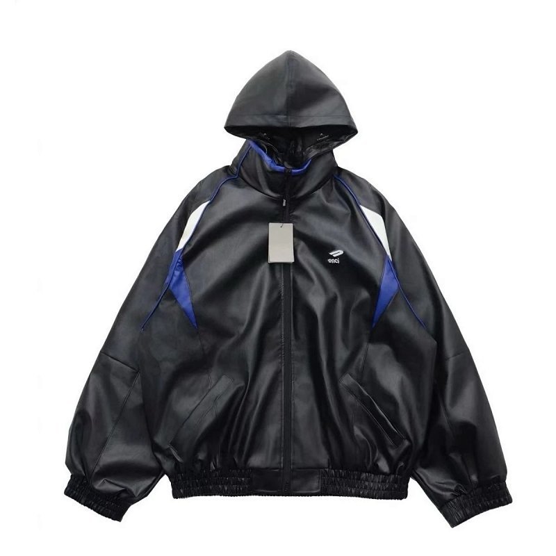 Kakobuy spreadsheet jackets - Black with Blue and White Contrast Panels Hooded Leather Jacket product image