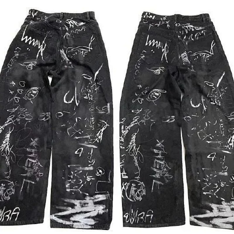 Kakobuy spreadsheet pants - Black Graffiti Print Wide-Leg Denim Jeans product image