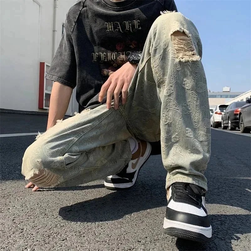 Kakobuy spreadsheet pants - Distressed Paisley Pattern Light Wash Denim Jeans product image