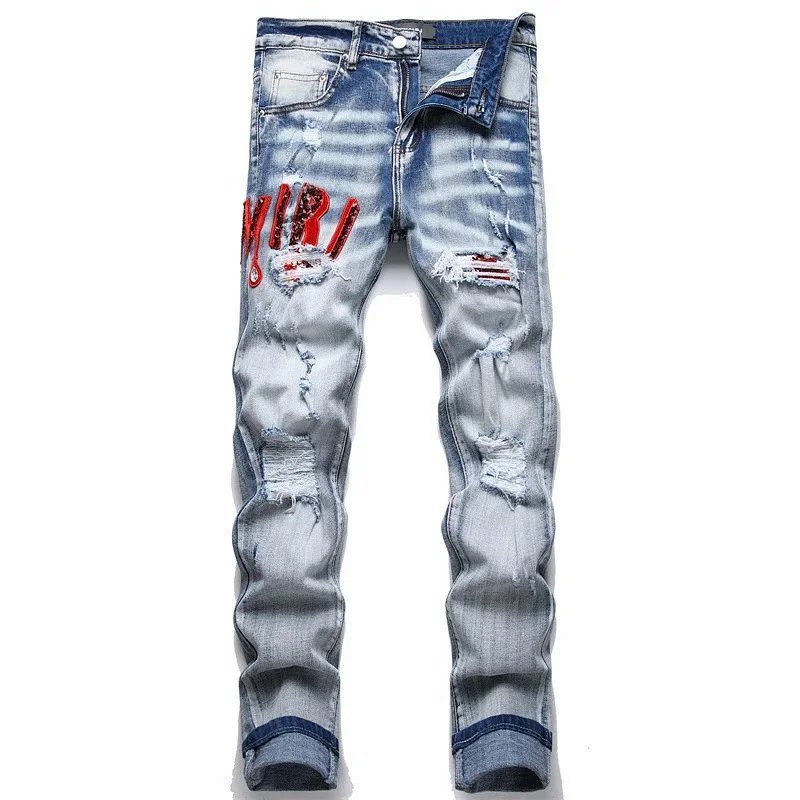Kakobuy spreadsheet pants - Light Blue Distressed Ripped Red Sequin Patch Slim-Fit Jeans product image