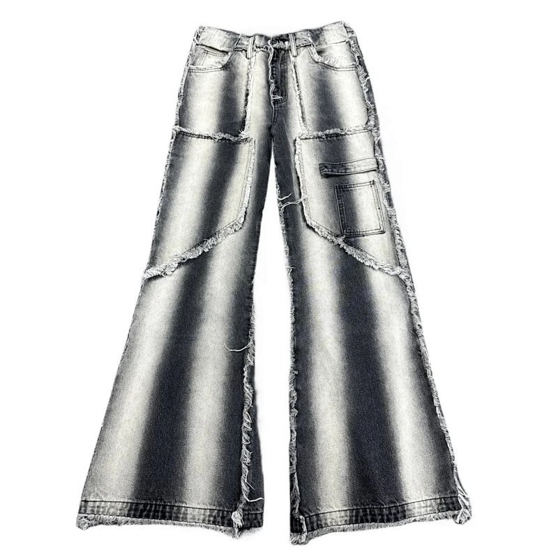 Kakobuy spreadsheet pants - Washed Grey Distressed Paneled Wide-Leg Jeans product image