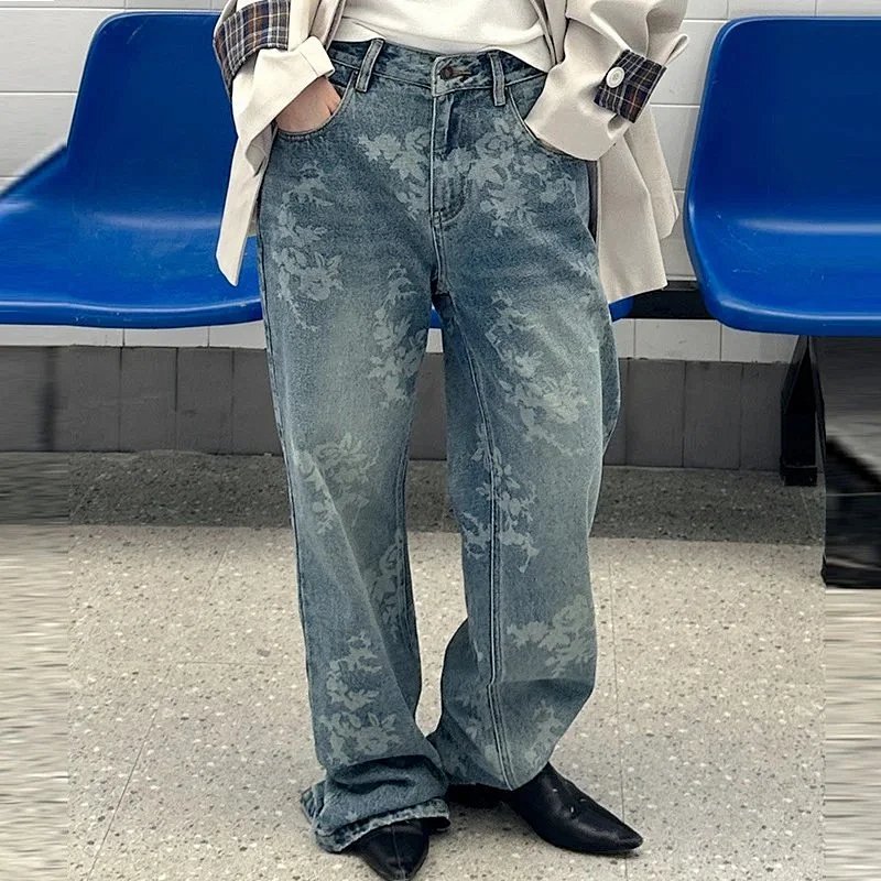 Kakobuy spreadsheet pants - Washed Blue Floral Print Wide-Leg Jeans product image