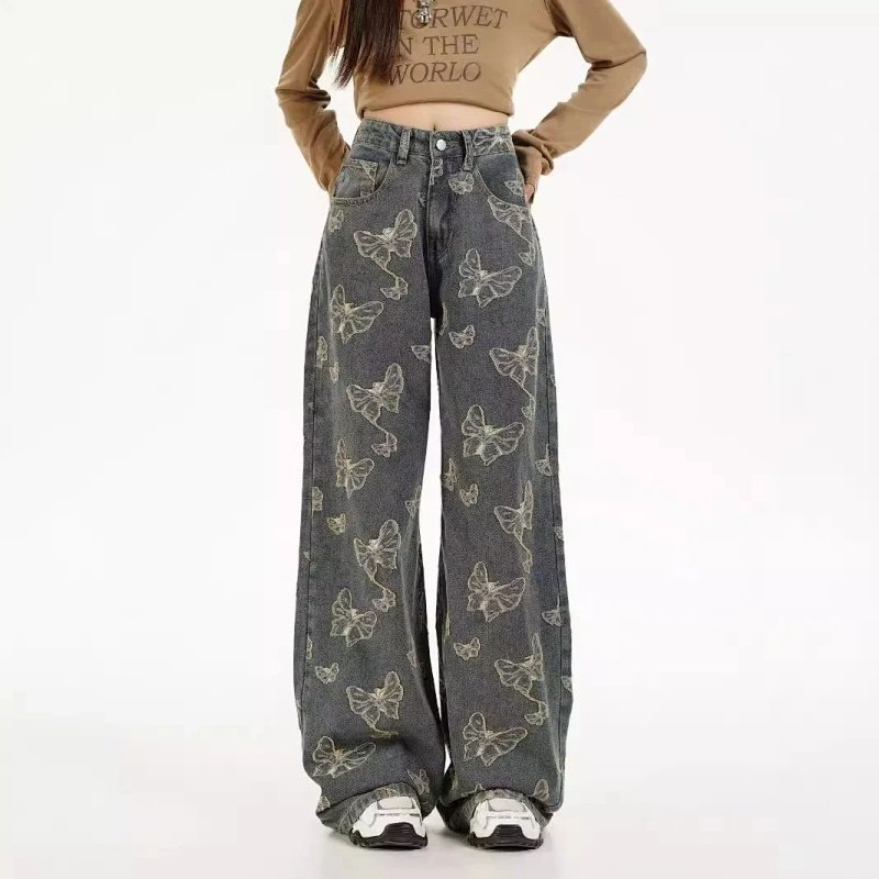 Kakobuy spreadsheet pants - Washed Grey Butterfly Print Wide Leg Jeans product image