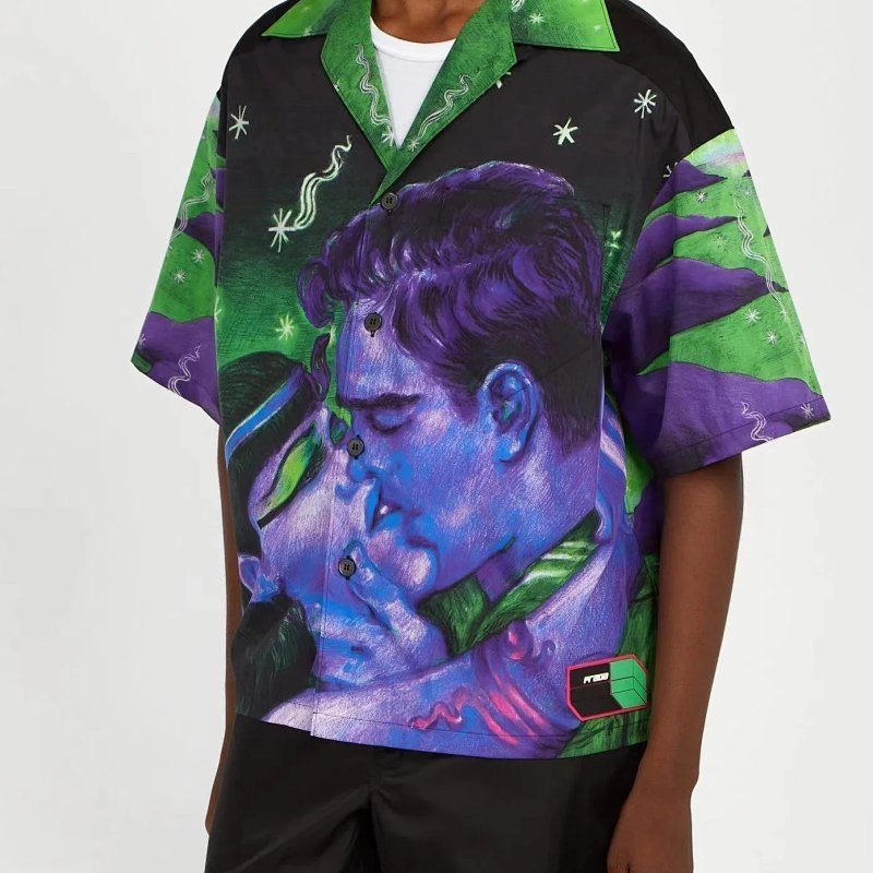 Kakobuy spreadsheet Prada t-shirts - Prada Green and Purple Graphic Print Short-Sleeve Shirt product image