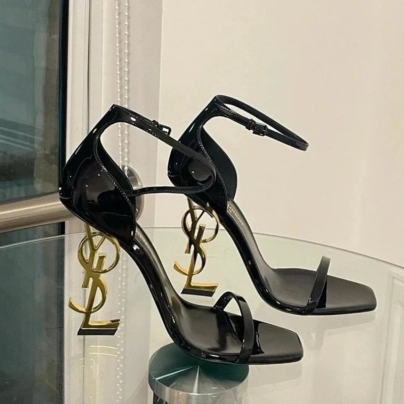 Kakobuy spreadsheet shoes - Black Patent Leather with Gold-Tone Monogram Heel Heeled Sandals product image