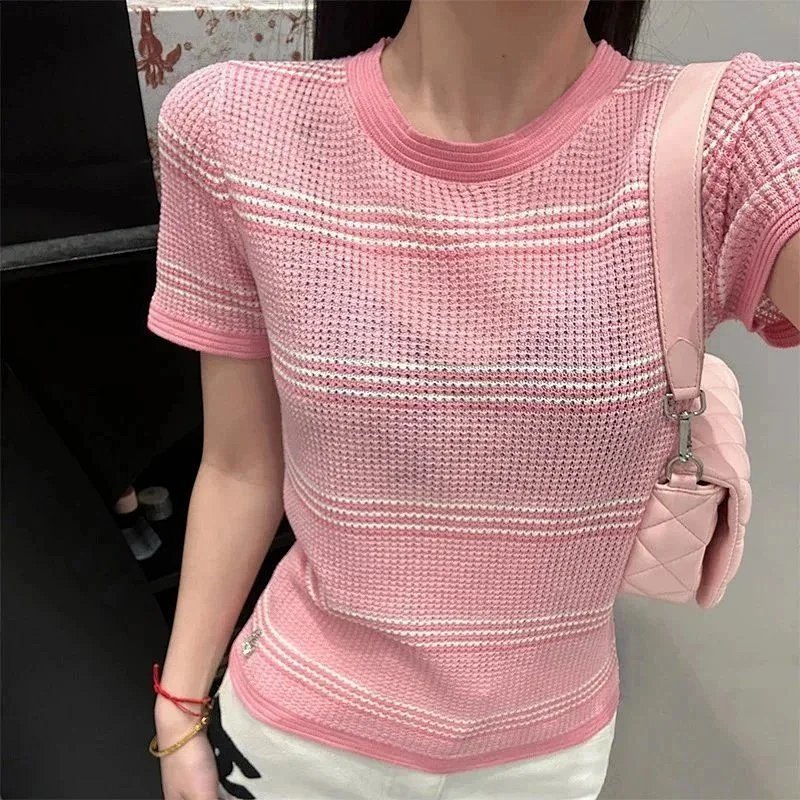 Kakobuy spreadsheet accessories - Pink and White Striped Knit Short-Sleeve Top product image